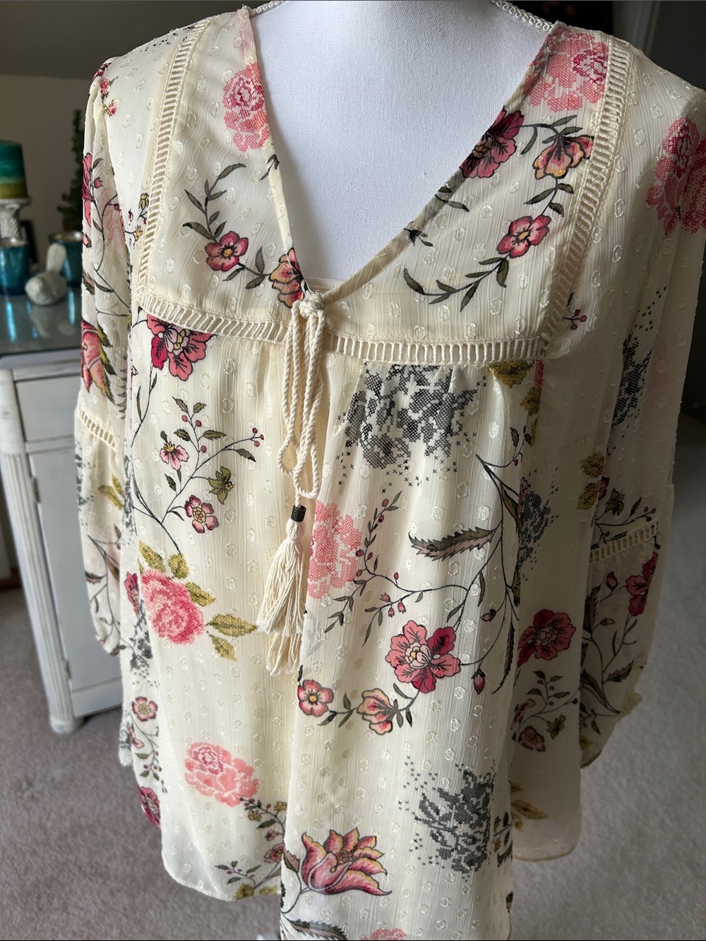 Westport Cream Floral Tie-Front Boho Blouse size XL